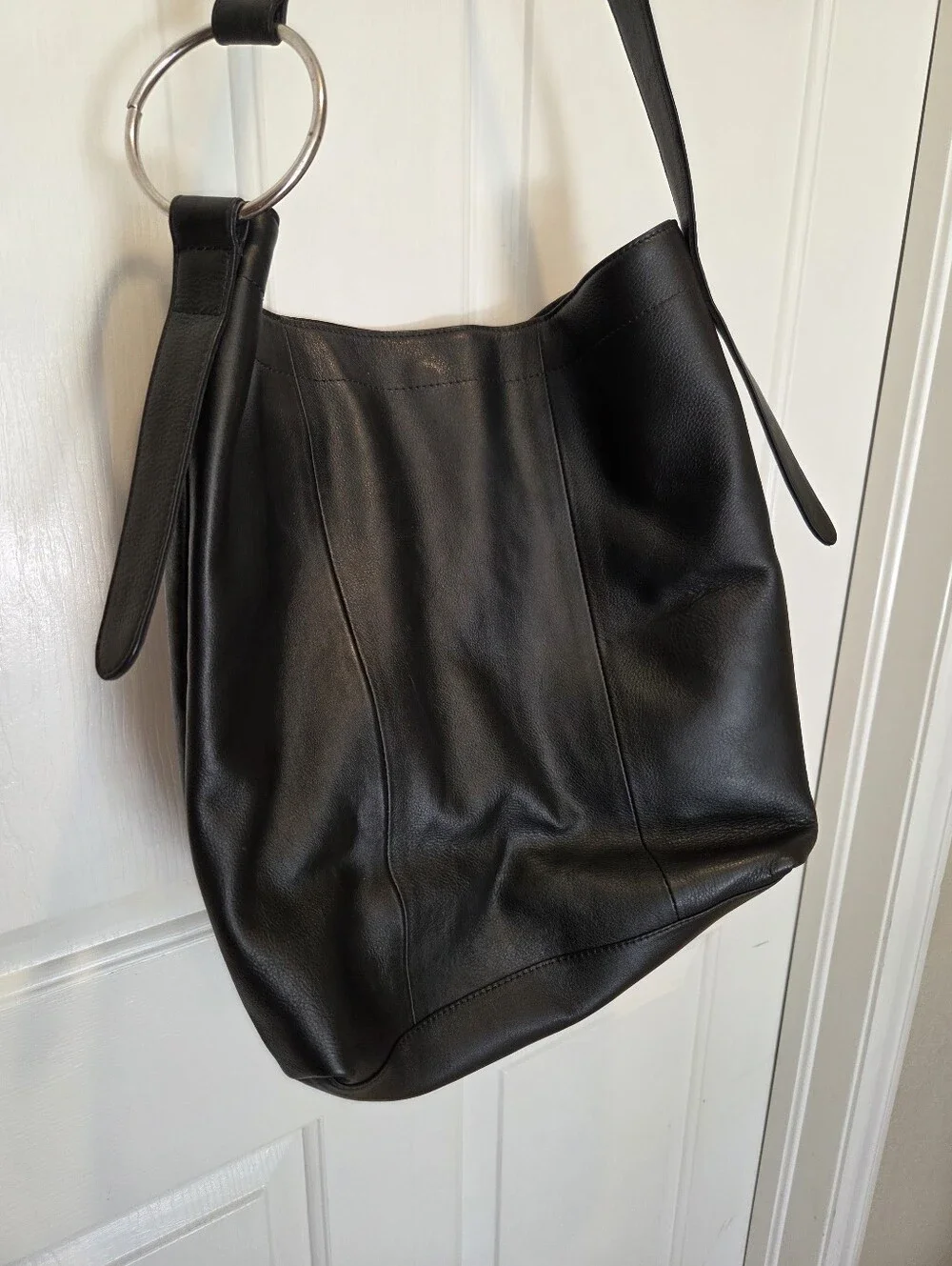 Black Leather Shoulder Bag with Silver Ring Detail, NorthStyle